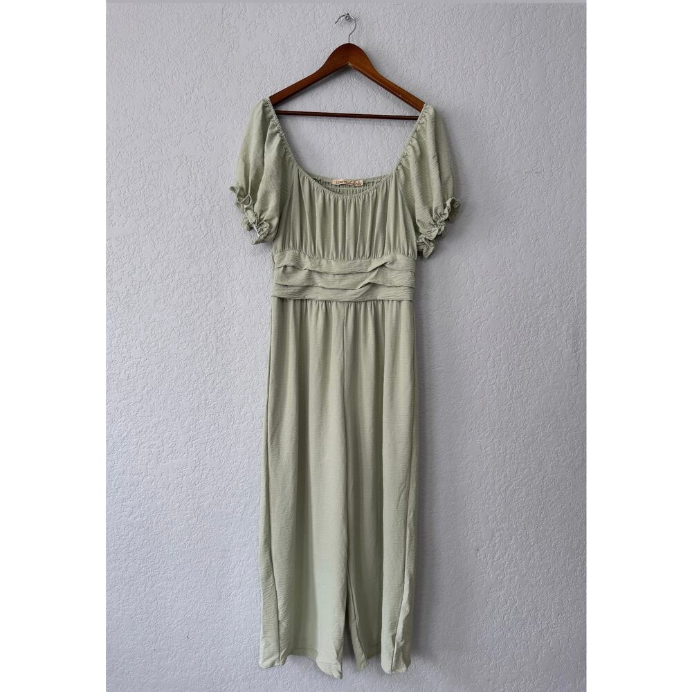 liberty love green smocked puff sleeve wide leg jumpsuit size x-large